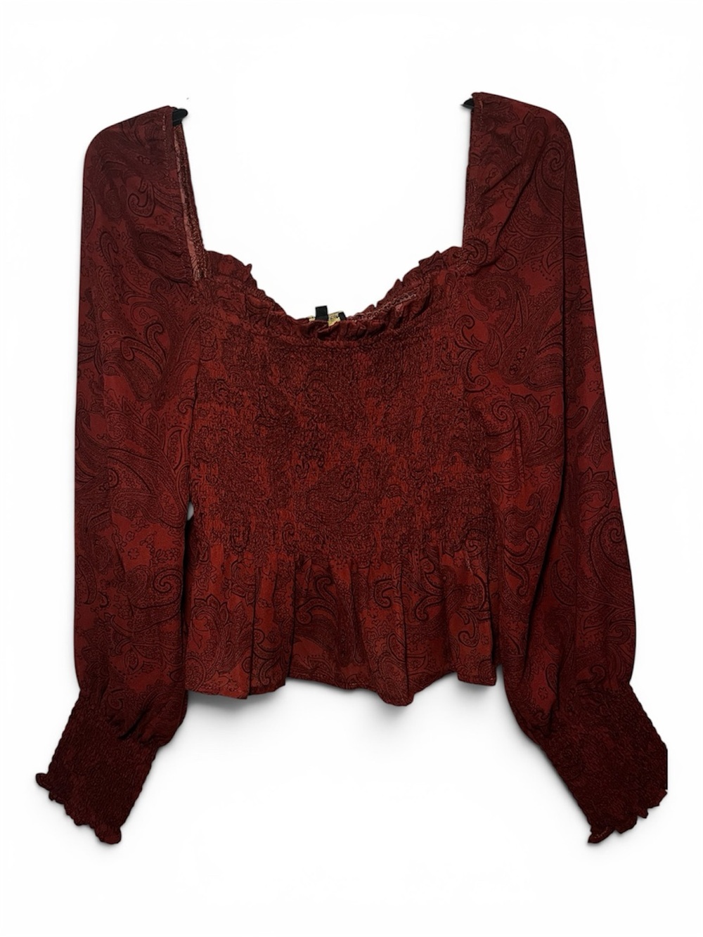 Shinestar red paisley long sleeve smocked blouse